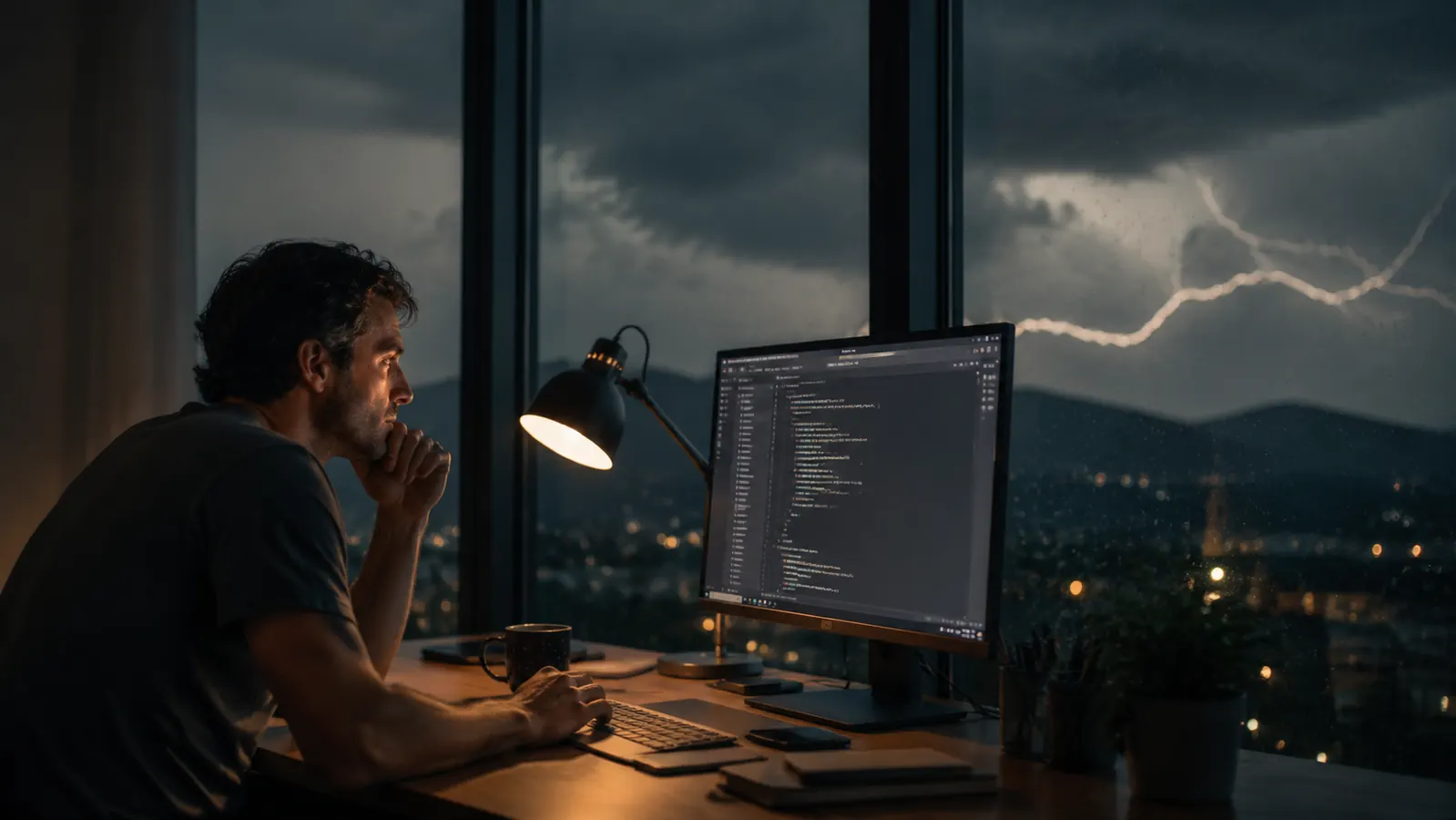 Home office desk during a storm with rain visible through the window, lights flickering, computer still running