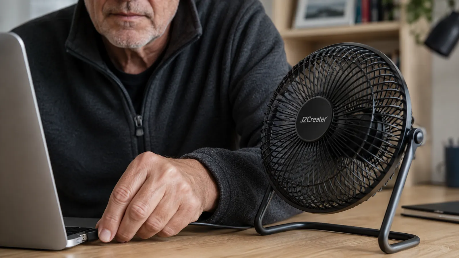 Hand plugging the USB desk fan cable into a laptop USB port