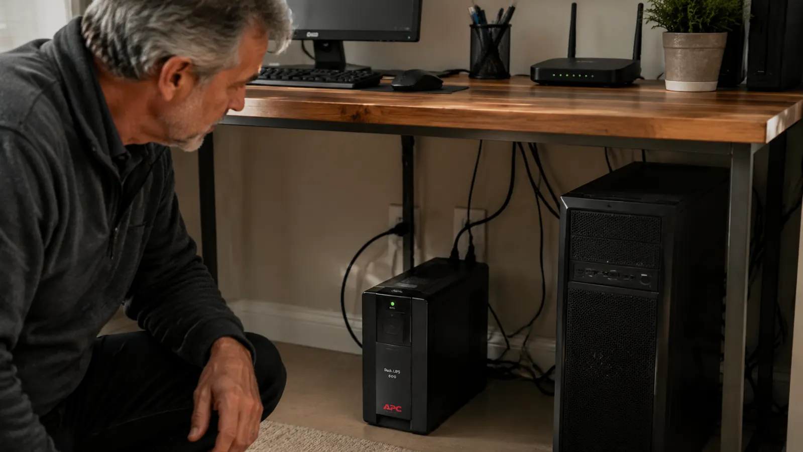 APC BE600M1 UPS unit sitting under a desk with a desktop tower and router cable running into it