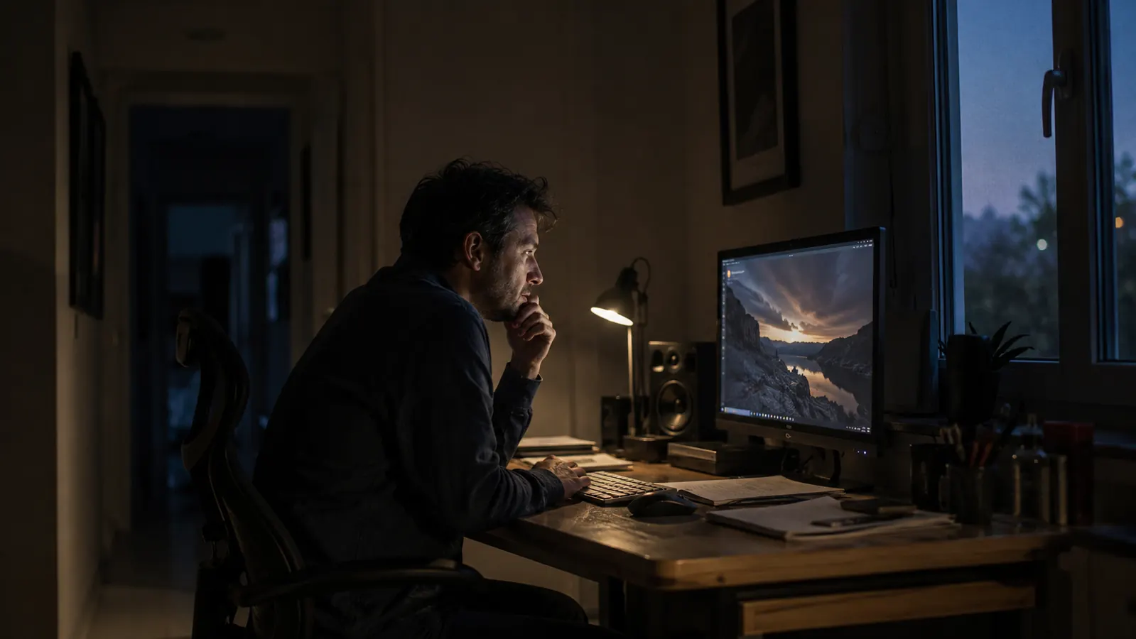 Desk setup during a power outage at dusk, monitor still lit while the rest of the house is dark