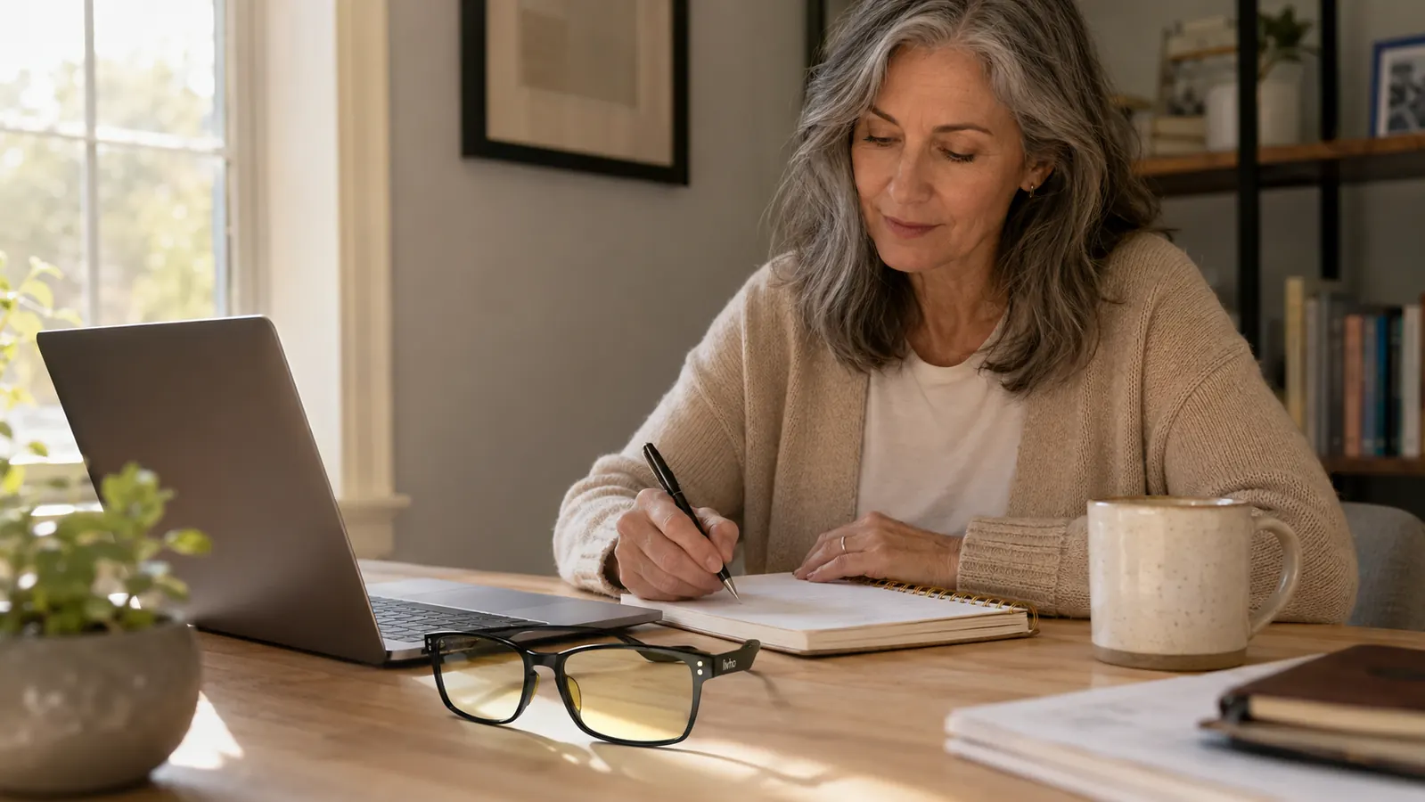 Hand placing a pair of livho blue light glasses next to a laptop keyboard on a wood desk
