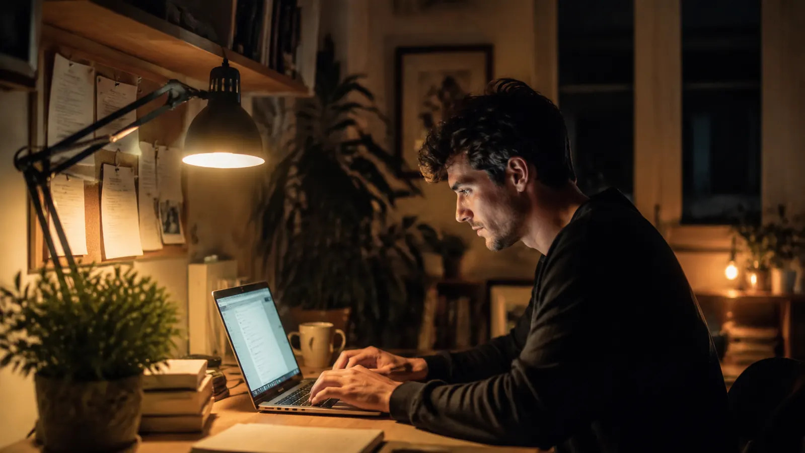 Desk setup at dusk with a warm lamp on and the overhead light dimmed, laptop screen visible