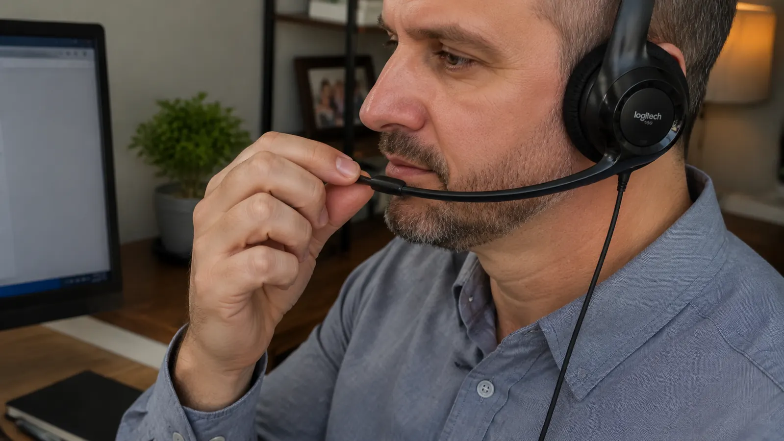Hand placing the microphone boom of a wired headset into position near the mouth
