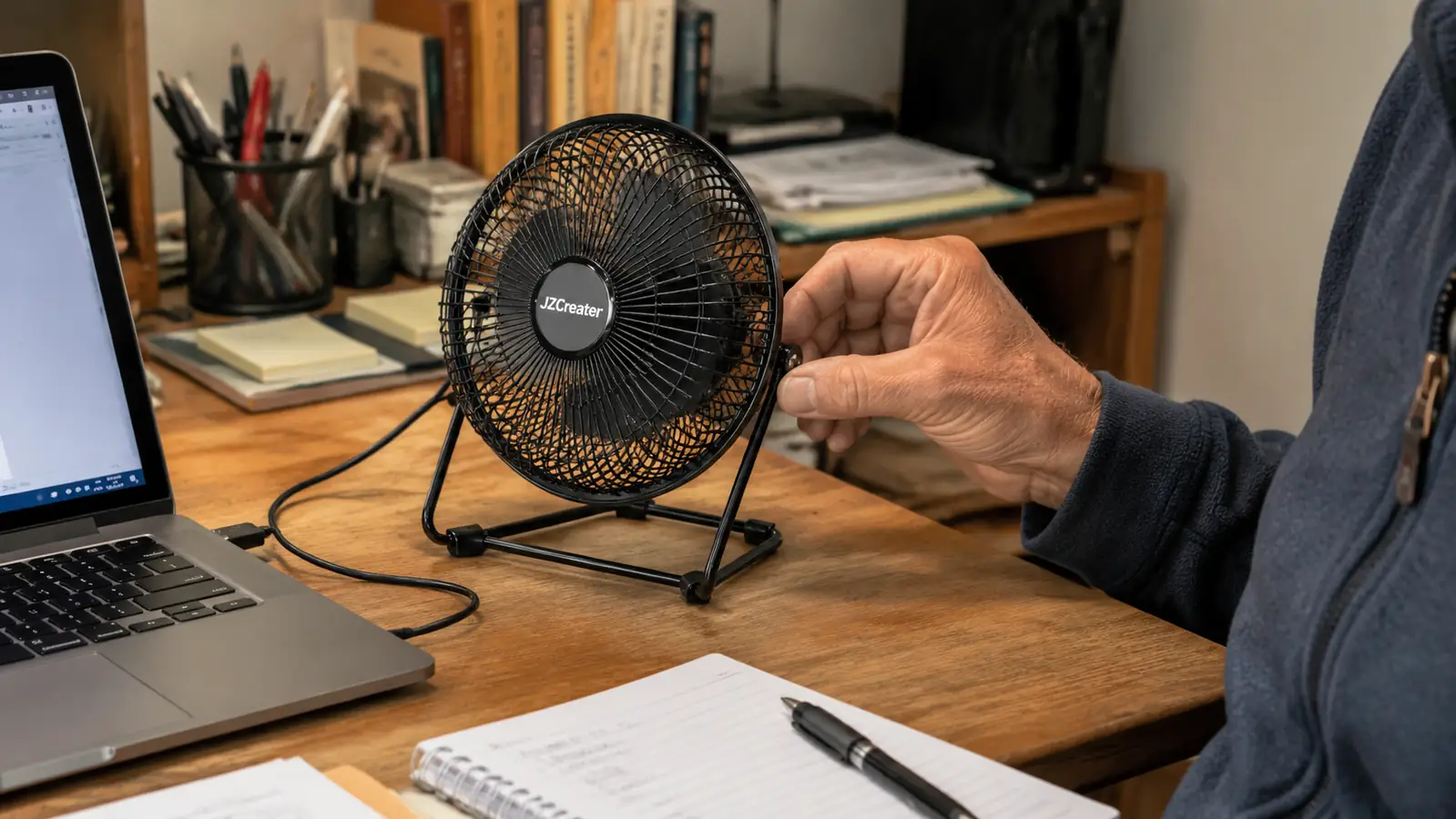 Hand positioning a small black USB desk fan at an angle on a desk next to a laptop and keyboard