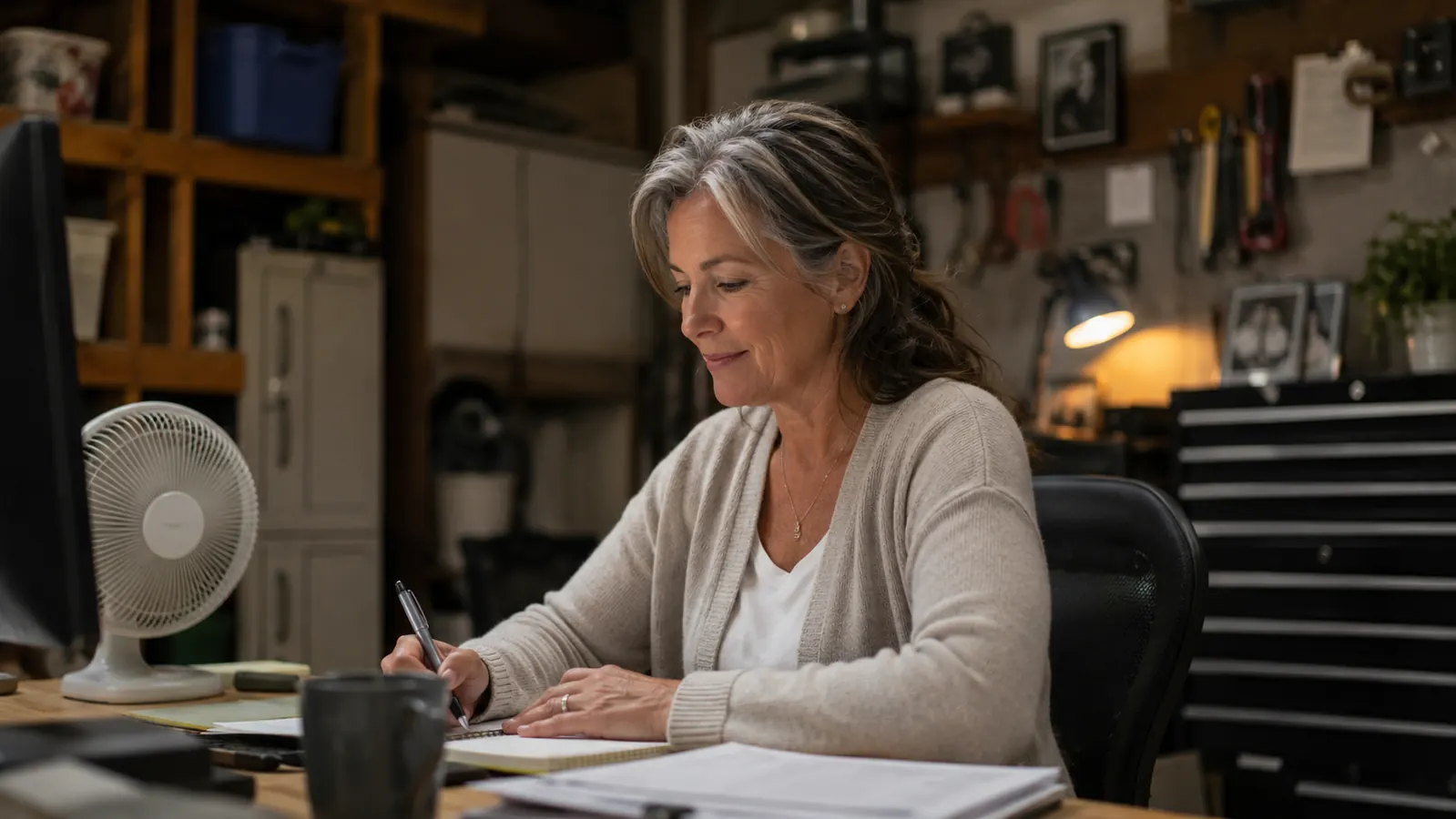 A man working at a desk in a garage office with a small fan visible in the background, looking relaxed rather than uncomfortable