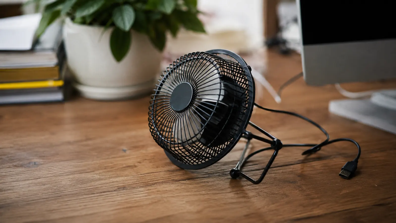 Small desk fan tipped over on its side on a wooden desk next to a tangled power cable