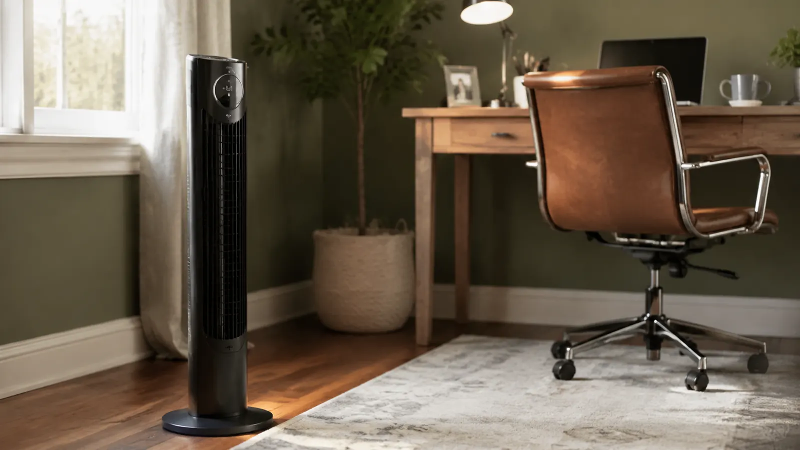 Desktop tower fan standing on the floor beside a home office desk, angled to blow air across the whole room