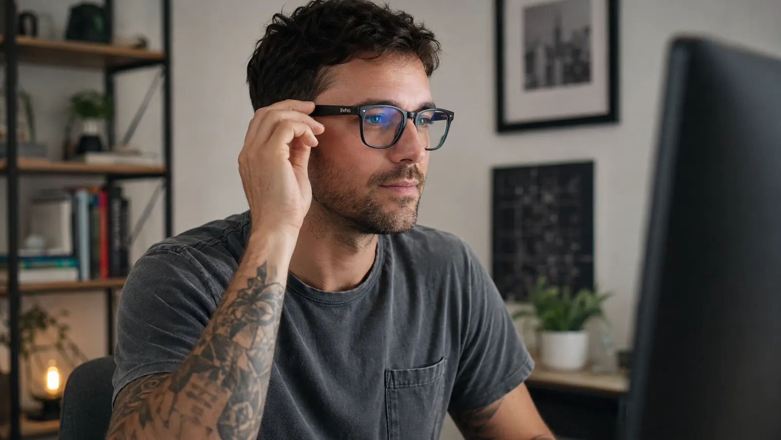 Hand putting on the livho blue light glasses at a home office desk before a video call
