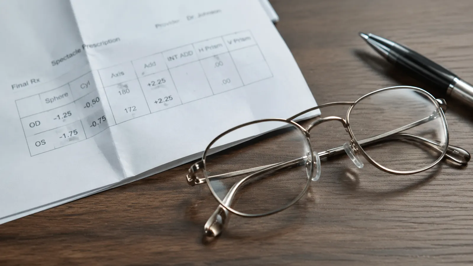 Close up of prescription computer glasses folded on a desk next to an eye exam printout