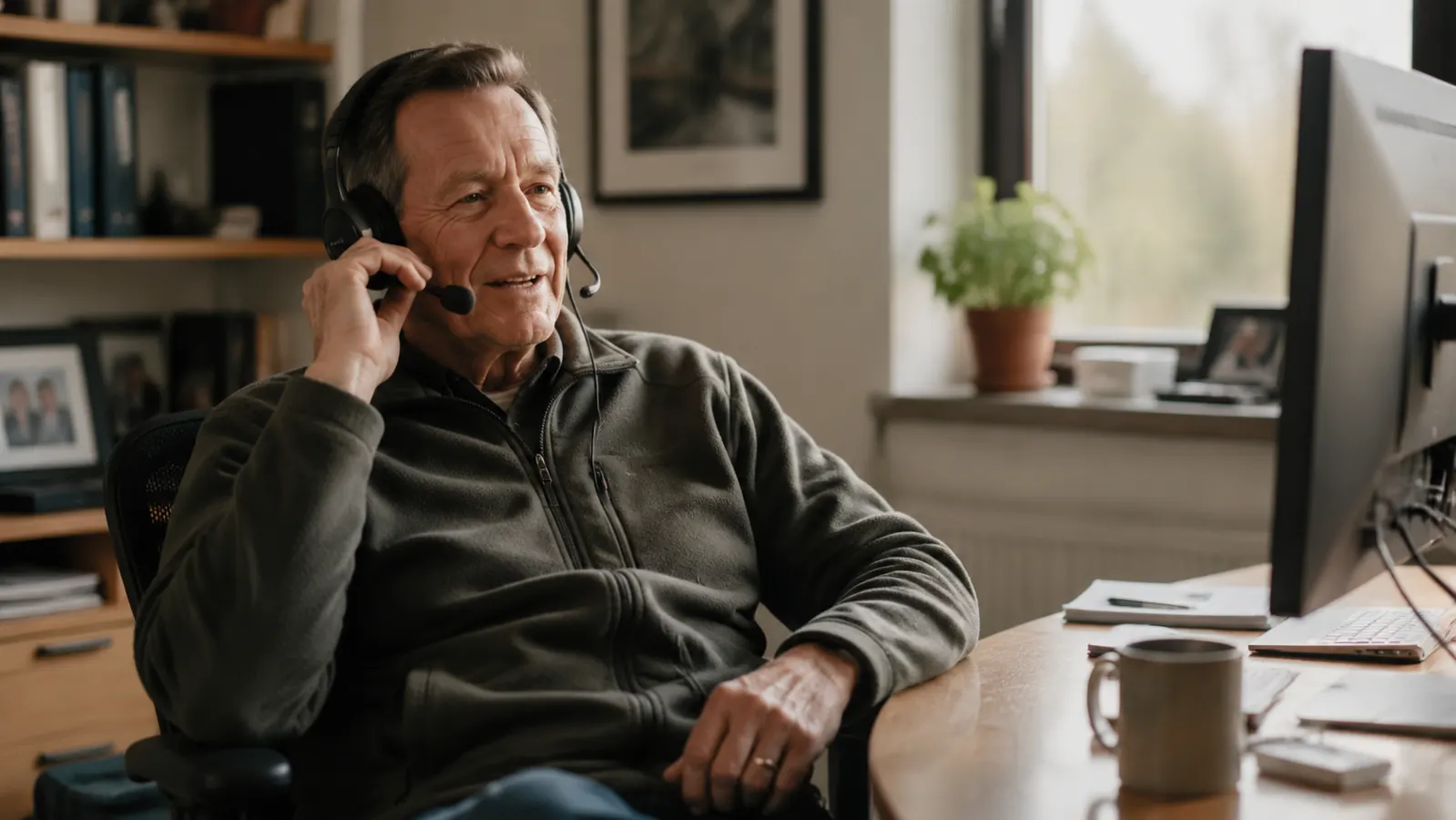Man on a clear video call wearing the headset, relaxed posture, coffee mug on the desk