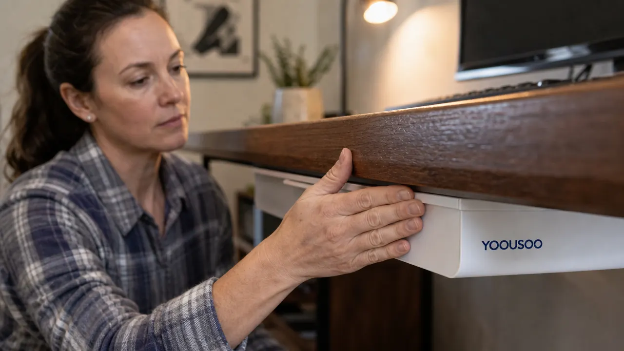 Hand pressing a self adhesive drawer frame firmly against the underside of a desk to test the bond