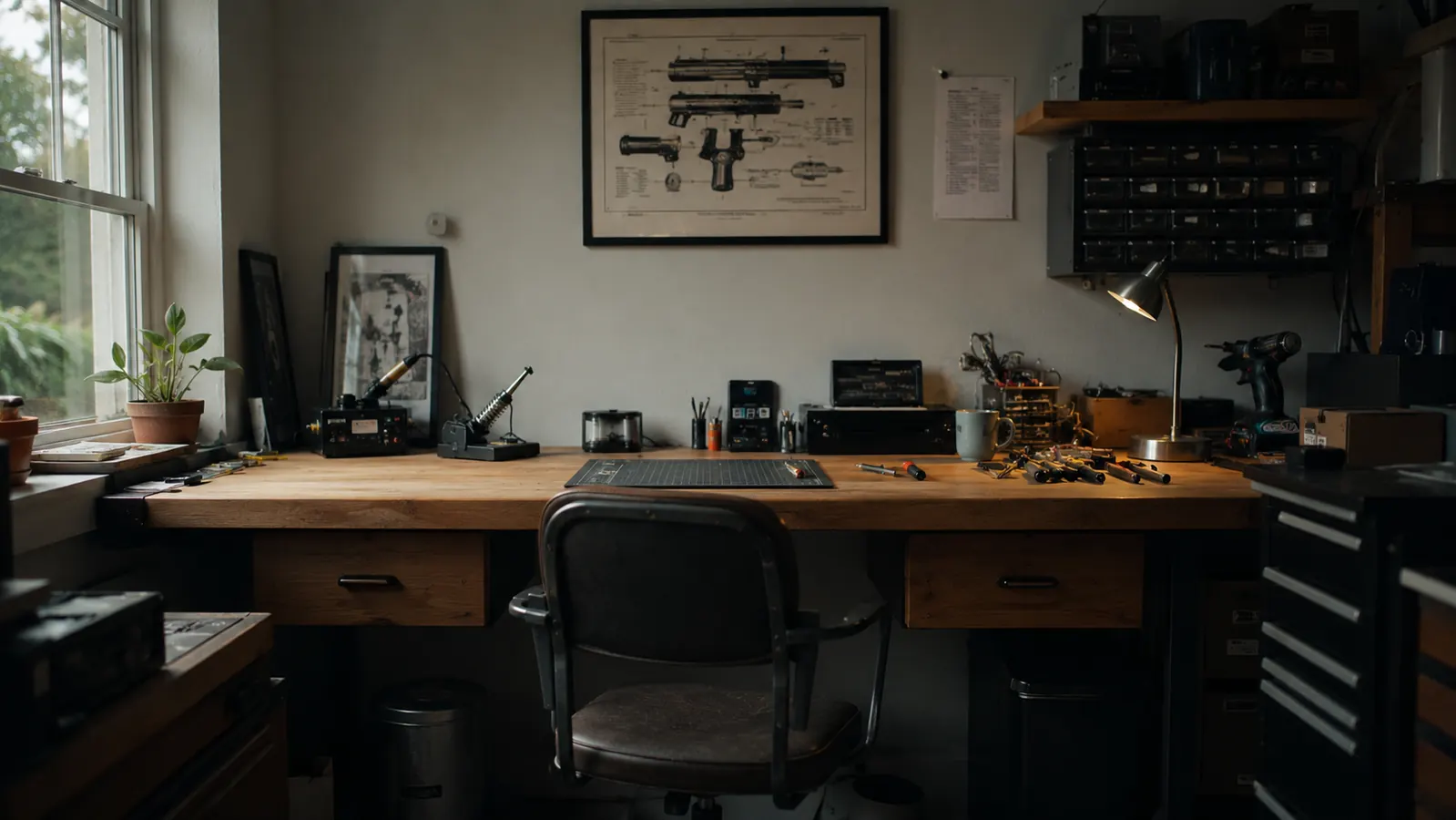 Two under desk drawers mounted side by side under a workbench style desk with tools nearby