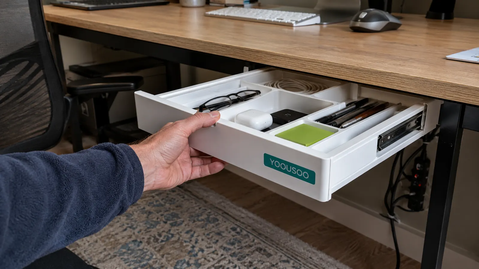 Hand pulling open the YOOUSOO slide out drawer mounted under a desk, showing pens and a phone inside