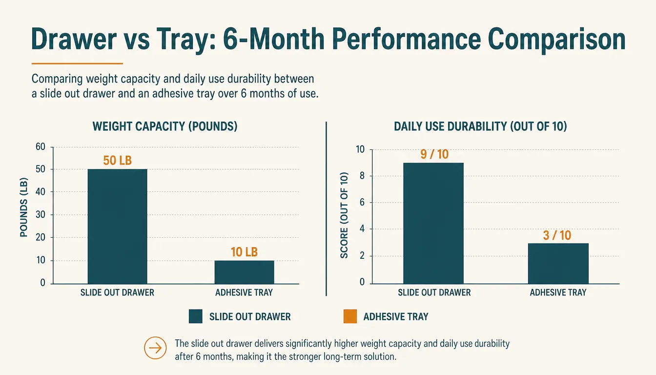 Chart comparing weight capacity and daily use durability between a slide out drawer and an adhesive tray over 6 months